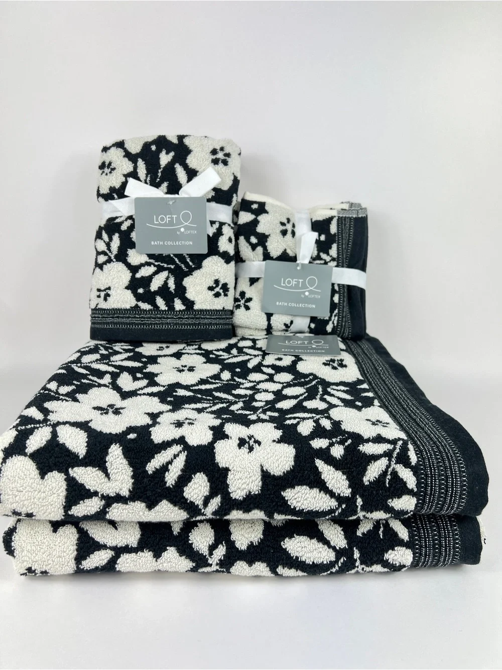 Loft by Loftex Bath Towel Set Bold Floral Black Off White 100% Cotton 8 Pc NEW